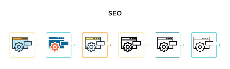 Seo vector icon in 6 different modern styles. Black, two colored seo icons designed in filled, outline, line and stroke style. Vector illustration can be used for web, mobile, ui