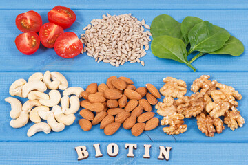 Nutritious different ingredients containing vitamin B7, natural minerals and fiber, healthy...