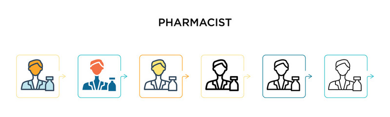 Pharmacist vector icon in 6 different modern styles. Black, two colored pharmacist icons designed in filled, outline, line and stroke style. Vector illustration can be used for web, mobile, ui