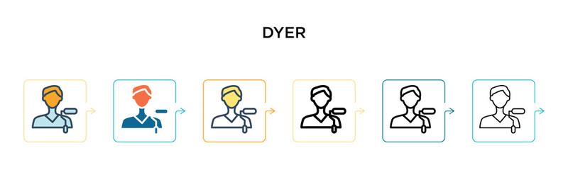 Dyer vector icon in 6 different modern styles. Black, two colored dyer icons designed in filled, outline, line and stroke style. Vector illustration can be used for web, mobile, ui