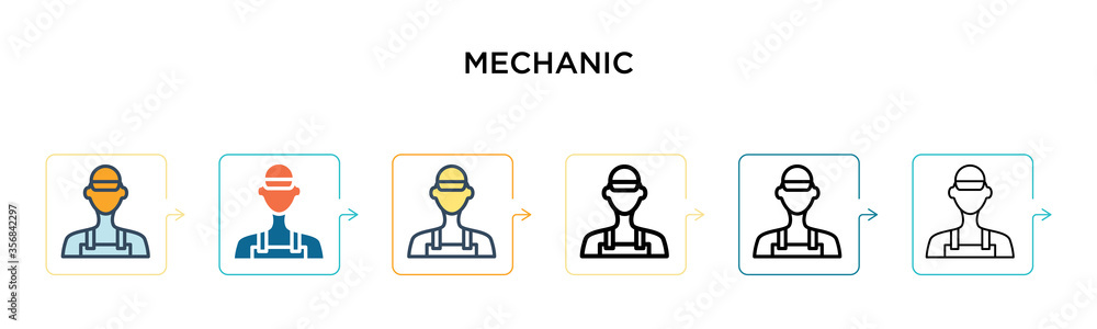 Poster mechanic vector icon in 6 different modern styles. black, two colored mechanic icons designed in fil