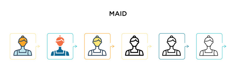 Maid vector icon in 6 different modern styles. Black, two colored maid icons designed in filled, outline, line and stroke style. Vector illustration can be used for web, mobile, ui