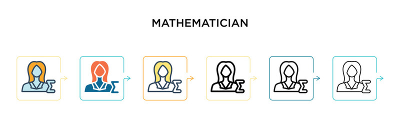 Mathematician vector icon in 6 different modern styles. Black, two colored mathematician icons designed in filled, outline, line and stroke style. Vector illustration can be used for web, mobile, ui