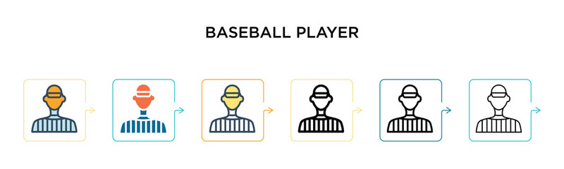 Baseball player vector icon in 6 different modern styles. Black, two colored baseball player icons designed in filled, outline, line and stroke style. Vector illustration can be used for web, mobile,