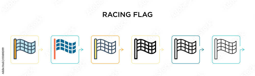 Poster racing flag vector icon in 6 different modern styles. black, two colored racing flag icons designed 
