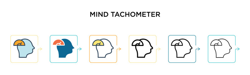 Mind tachometer vector icon in 6 different modern styles. Black, two colored mind tachometer icons designed in filled, outline, line and stroke style. Vector illustration can be used for web, mobile,
