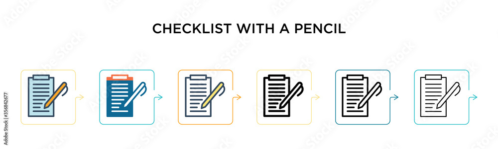 Poster checklist with a pencil vector icon in 6 different modern styles. black, two colored checklist with 