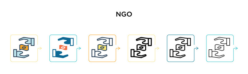 Ngo vector icon in 6 different modern styles. Black, two colored ngo icons designed in filled, outline, line and stroke style. Vector illustration can be used for web, mobile, ui