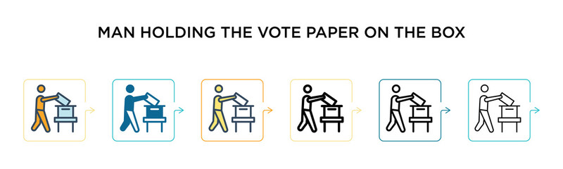 Man holding the vote paper on the box vector icon in 6 different modern styles. Black, two colored man holding the vote paper on the box icons designed in filled, outline, line and stroke style.