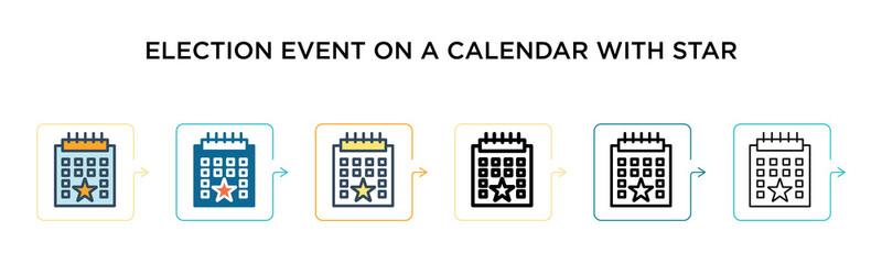 Election event on a calendar with star vector icon in 6 different modern styles. Black, two colored election event on a calendar with star icons designed in filled, outline, line and stroke style.