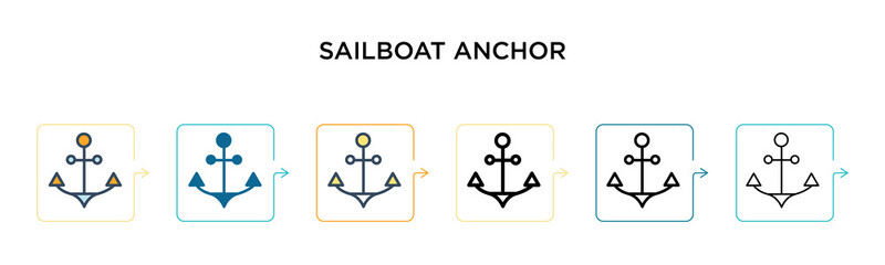 Sailboat anchor vector icon in 6 different modern styles. Black, two colored sailboat anchor icons designed in filled, outline, line and stroke style. Vector illustration can be used for web, mobile,