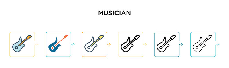 Musician vector icon in 6 different modern styles. Black, two colored musician icons designed in filled, outline, line and stroke style. Vector illustration can be used for web, mobile, ui