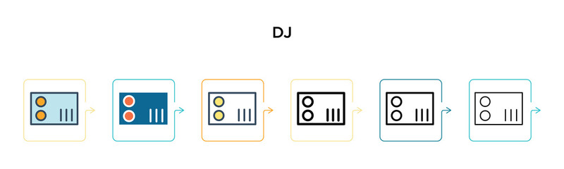 Dj vector icon in 6 different modern styles. Black, two colored dj icons designed in filled, outline, line and stroke style. Vector illustration can be used for web, mobile, ui