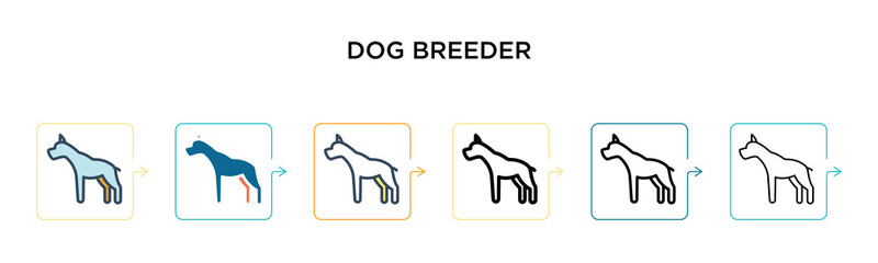 Dog breeder vector icon in 6 different modern styles. Black, two colored dog breeder icons designed in filled, outline, line and stroke style. Vector illustration can be used for web, mobile, ui