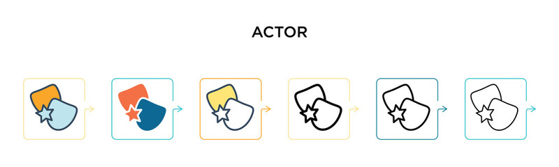 Actor vector icon in 6 different modern styles. Black, two colored actor icons designed in filled, outline, line and stroke style. Vector illustration can be used for web, mobile, ui