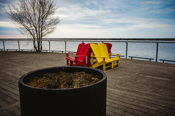 Desolated patio deck in winter by Lake Ontario