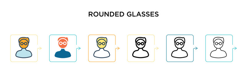Rounded glasses vector icon in 6 different modern styles. Black, two colored rounded glasses icons designed in filled, outline, line and stroke style. Vector illustration can be used for web, mobile,