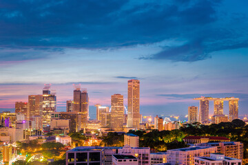 Fototapeta na wymiar Singapore City Skyscraper Buildings and Business Financial District Center, Beautiful Scenic View of Singapore City Skyline and Skyscrapers Cityscape Downtown at Twilight. Travel Place of Singapore