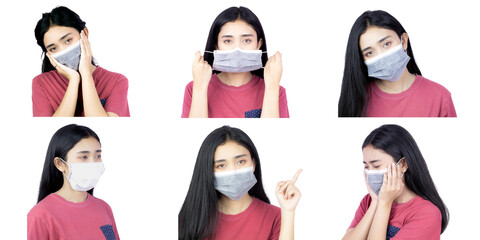 Health, safety and pandemic concepts - Young women with multiple gestures wearing medical masks to protect against viruses.