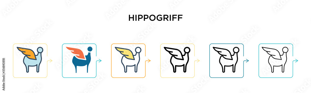 Poster hippogriff vector icon in 6 different modern styles. black, two colored hippogriff icons designed in