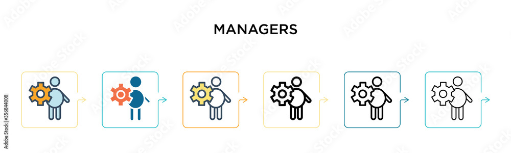 Poster managers vector icon in 6 different modern styles. black, two colored managers icons designed in fil