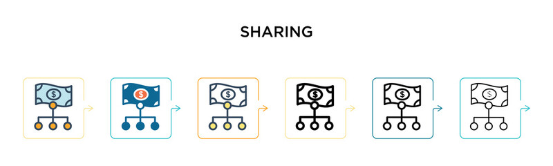 Sharing vector icon in 6 different modern styles. Black, two colored sharing icons designed in filled, outline, line and stroke style. Vector illustration can be used for web, mobile, ui
