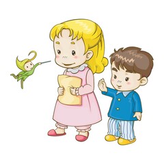 little girl and boy playing with elf