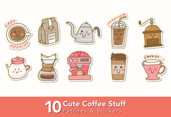 Set of Cute Coffee Stuff Patches and Stickers
