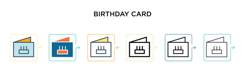 Birthday card vector icon in 6 different modern styles. Black, two colored birthday card icons designed in filled, outline, line and stroke style. Vector illustration can be used for web, mobile, ui