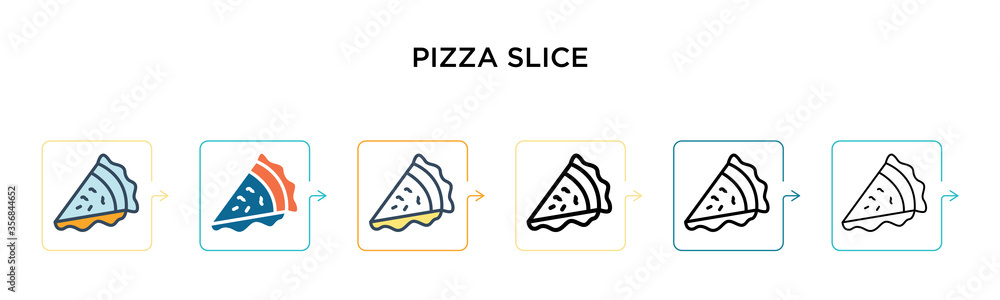 Poster pizza slice vector icon in 6 different modern styles. black, two colored pizza slice icons designed 
