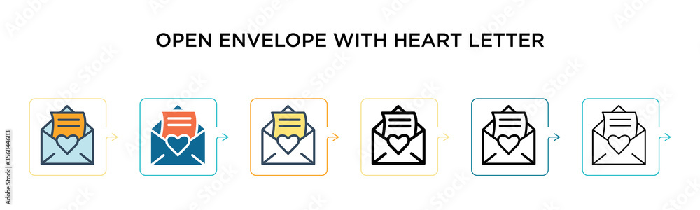 Poster open envelope with heart letter vector icon in 6 different modern styles. black, two colored open en