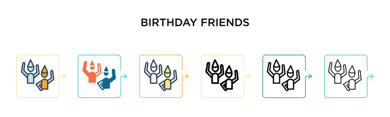 Birthday friends vector icon in 6 different modern styles. Black, two colored birthday friends icons designed in filled, outline, line and stroke style. Vector illustration can be used for web,