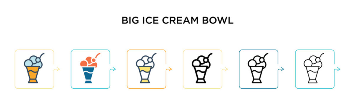 Big ice cream bowl vector icon in 6 different modern styles. Black, two colored big ice cream bowl icons designed in filled, outline, line and stroke style. Vector illustration can be used for web,