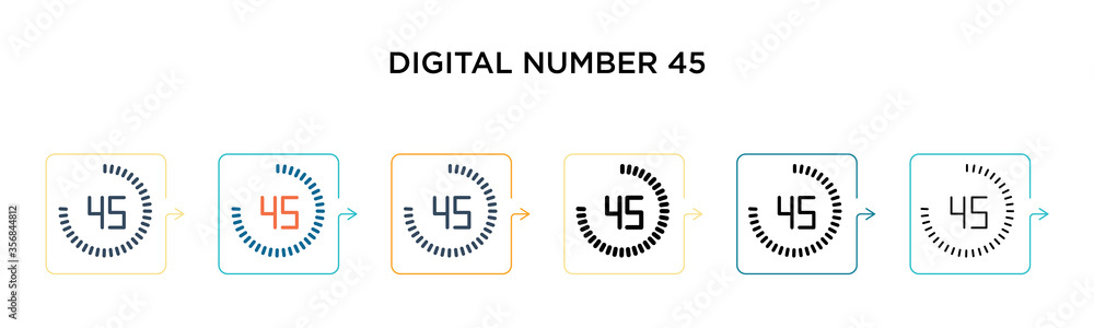 Poster digital number 45 vector icon in 6 different modern styles. black, two colored digital number 45 ico