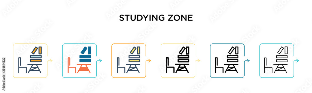 Poster studying zone vector icon in 6 different modern styles. black, two colored studying zone icons desig