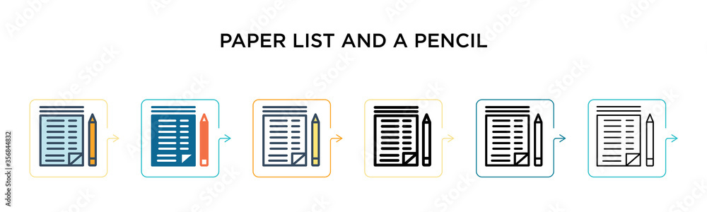 Aufkleber paper list and a pencil vector icon in 6 different modern styles. black, two colored paper list and 