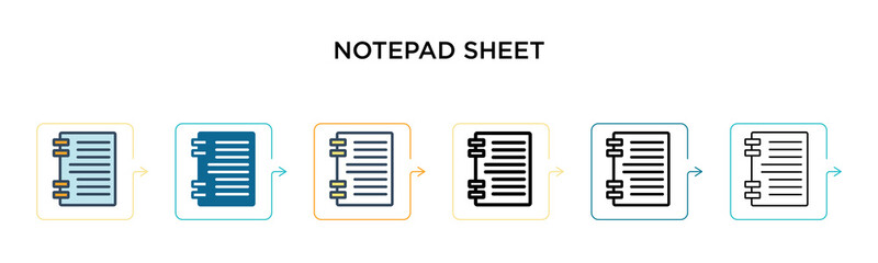 Notepad sheet vector icon in 6 different modern styles. Black, two colored notepad sheet icons designed in filled, outline, line and stroke style. Vector illustration can be used for web, mobile, ui