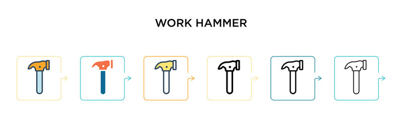 Work hammer vector icon in 6 different modern styles. Black, two colored work hammer icons designed in filled, outline, line and stroke style. Vector illustration can be used for web, mobile, ui