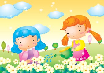 kids watering flower plants