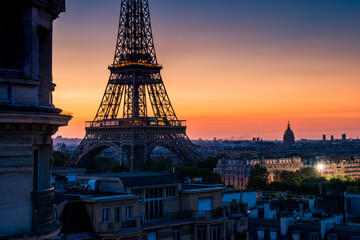Beautiful sunrise of Paris with the view of Eiffel Tower and city of Paris, France