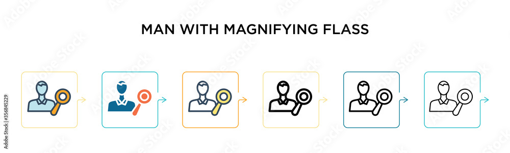 Poster man with magnifying flass vector icon in 6 different modern styles. black, two colored man with magn