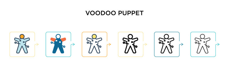 Voodoo puppet vector icon in 6 different modern styles. Black, two colored voodoo puppet icons designed in filled, outline, line and stroke style. Vector illustration can be used for web, mobile, ui