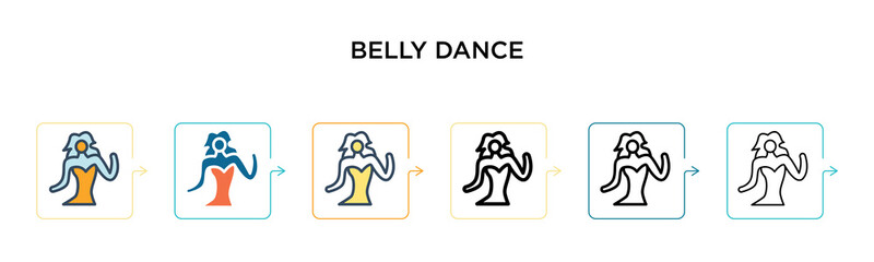 Belly dance vector icon in 6 different modern styles. Black, two colored belly dance icons designed in filled, outline, line and stroke style. Vector illustration can be used for web, mobile, ui