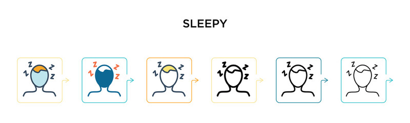 Sleepy vector icon in 6 different modern styles. Black, two colored sleepy icons designed in filled, outline, line and stroke style. Vector illustration can be used for web, mobile, ui