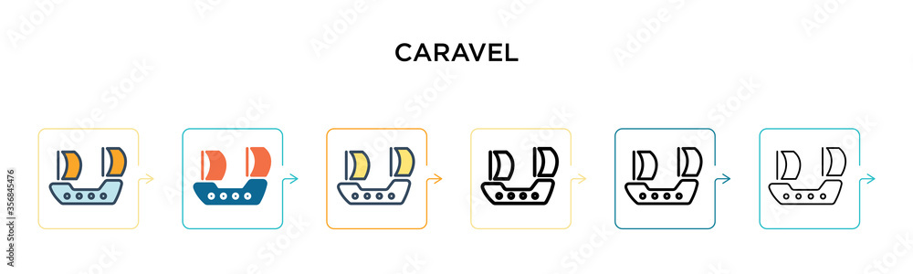 Poster caravel vector icon in 6 different modern styles. black, two colored caravel icons designed in fille