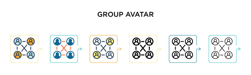 Group avatar vector icon in 6 different modern styles. Black, two colored group avatar icons designed in filled, outline, line and stroke style. Vector illustration can be used for web, mobile, ui