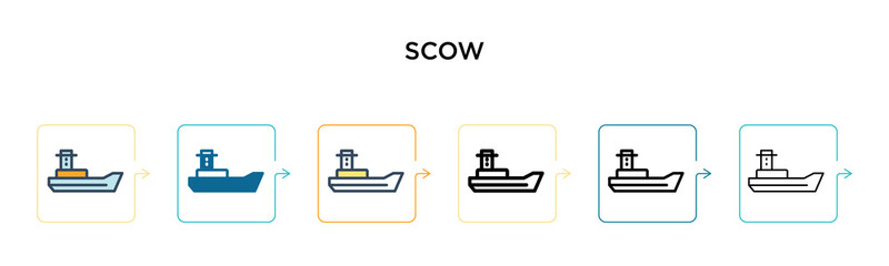 Scow vector icon in 6 different modern styles. Black, two colored scow icons designed in filled, outline, line and stroke style. Vector illustration can be used for web, mobile, ui