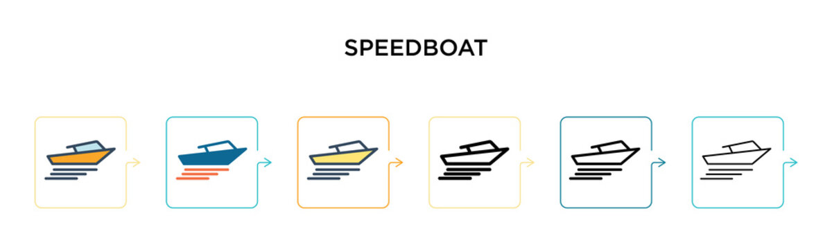 Speedboat vector icon in 6 different modern styles. Black, two colored speedboat icons designed in filled, outline, line and stroke style. Vector illustration can be used for web, mobile, ui