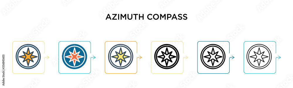 Poster azimuth compass vector icon in 6 different modern styles. black, two colored azimuth compass icons d
