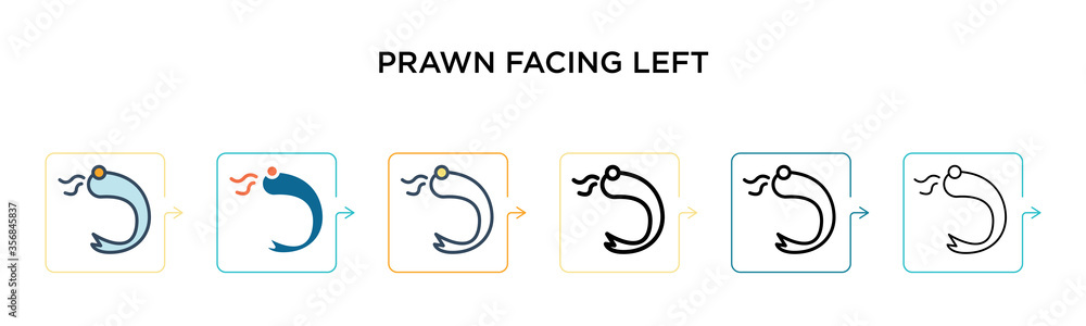 Poster prawn facing left vector icon in 6 different modern styles. black, two colored prawn facing left ico